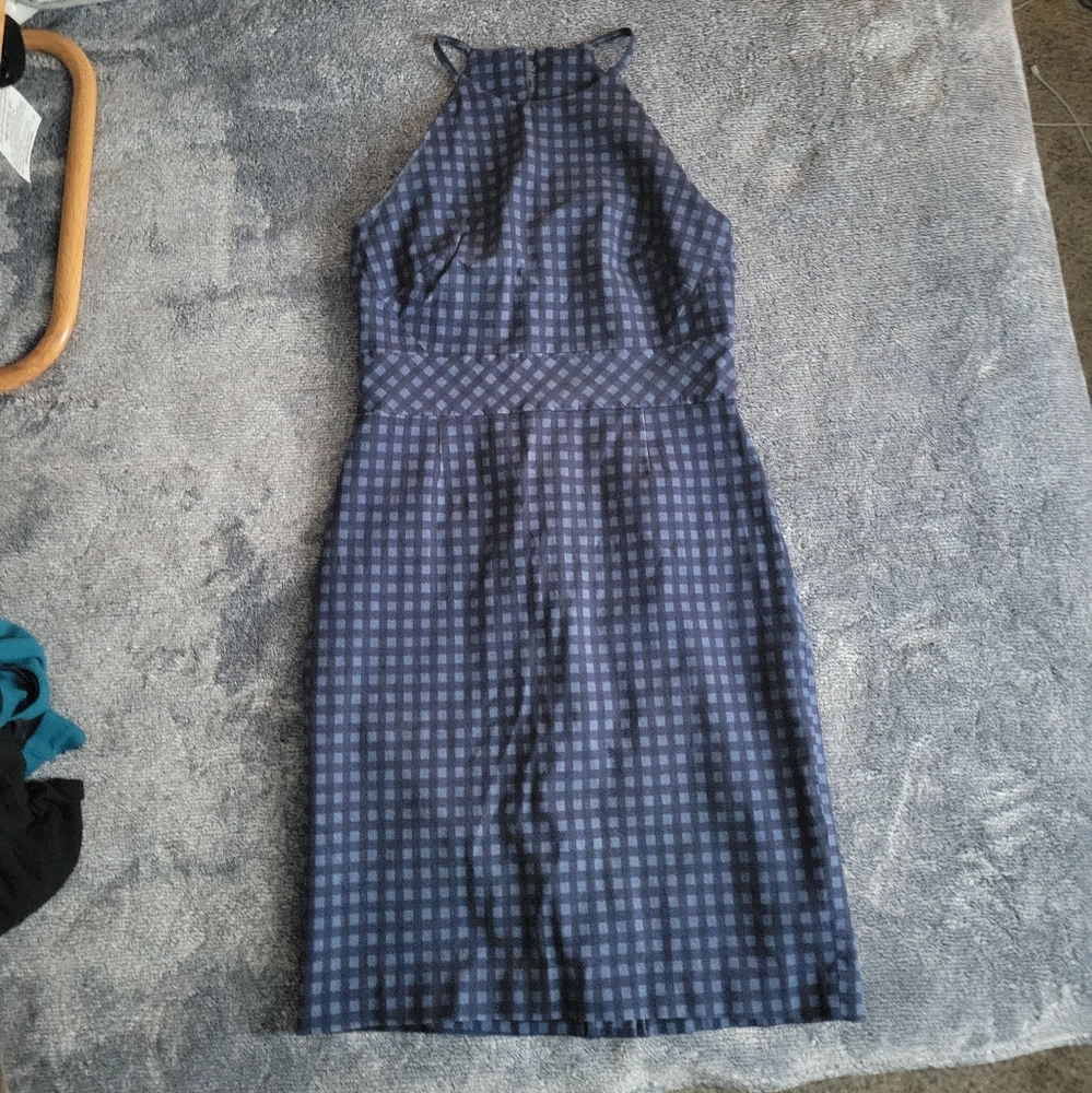 Banana Republic Navy and Light Blue Check Halter Sheath Dress